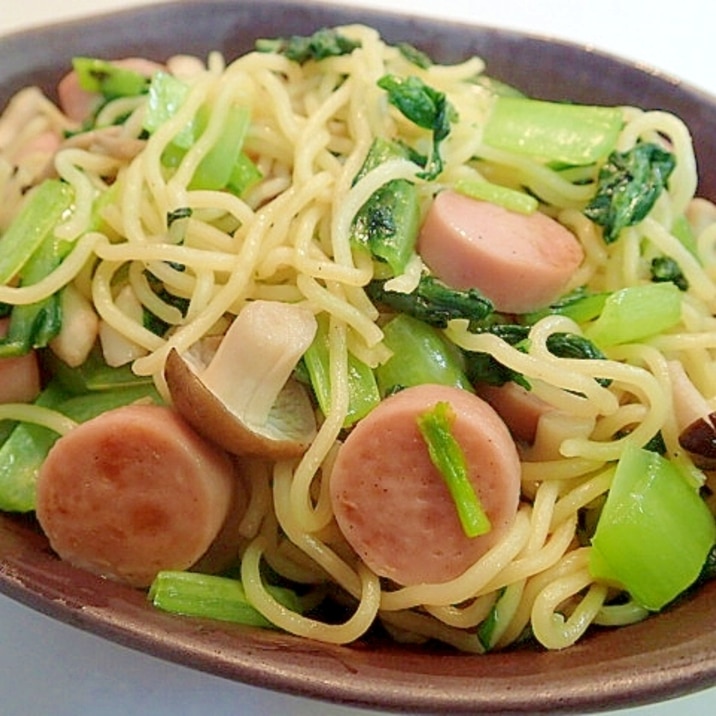 魚肉ソーセージと小松菜としめじの和風焼きそば♬